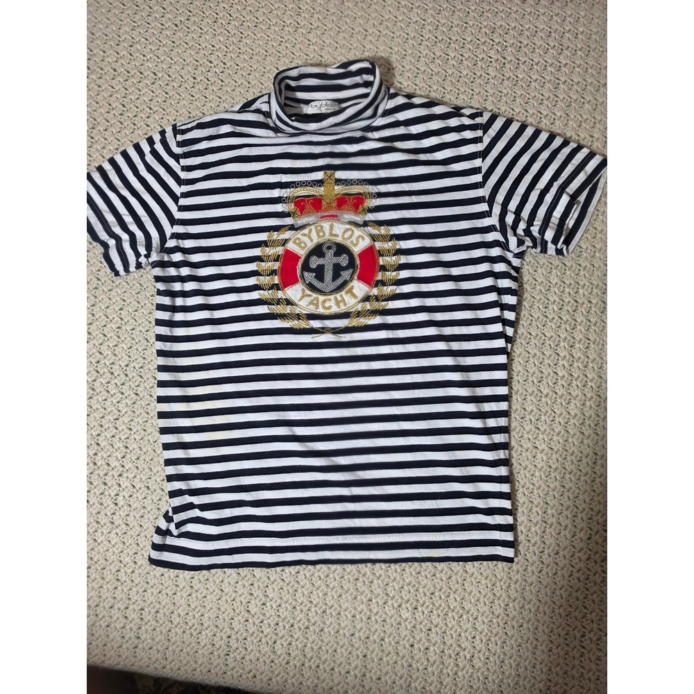 Byblos Yacht Top Womens XL Navy White Striped Good Vintage Mock Neck Italy Crest
